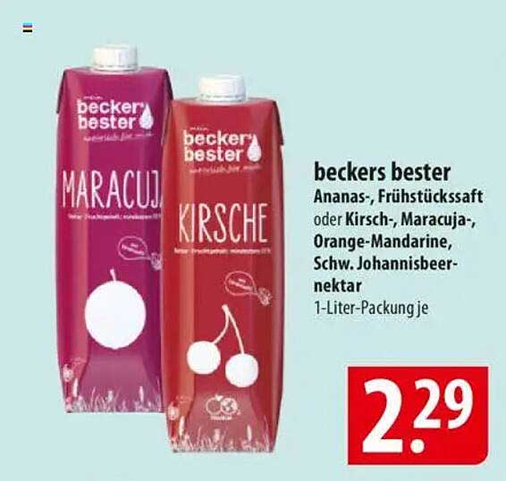beckers bester Ananas-, Kirsch-, Maracuja-, Orange-Mandarine oder Schwarzer Johannisbeernektar 1-Liter-Packung
