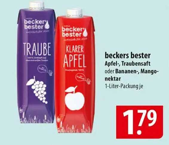 beckers bester Apfel-, Traubensaft oder Bananen-, Mangonektar 1-Liter-Packung für nur 1,79 €