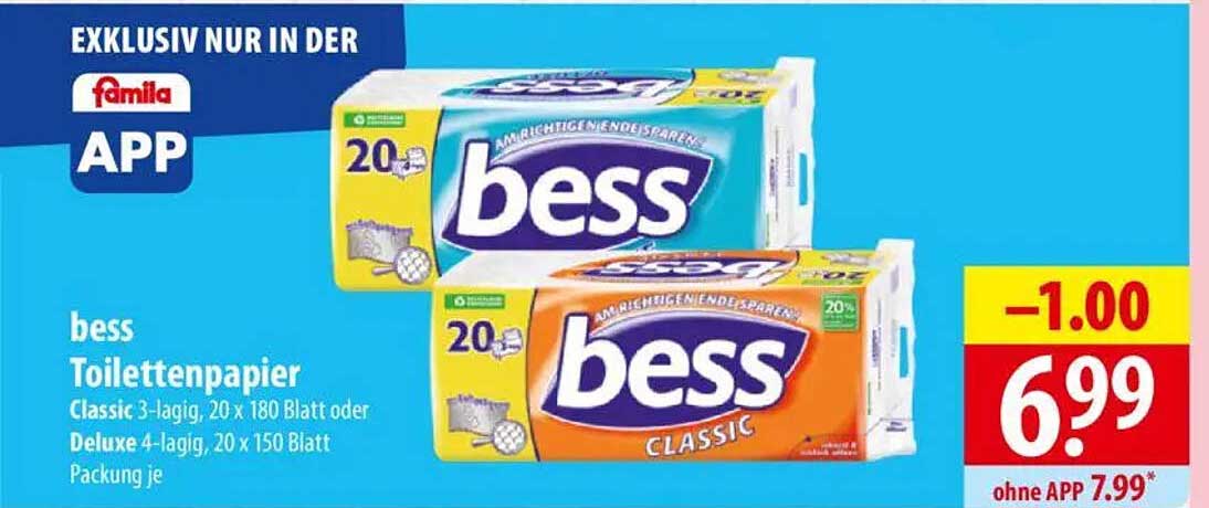 bess Toilettenpapier Classic 3-lagig, 20 x 180 Blatt oder Deluxe 4-lagig, 20 x 150 Blatt