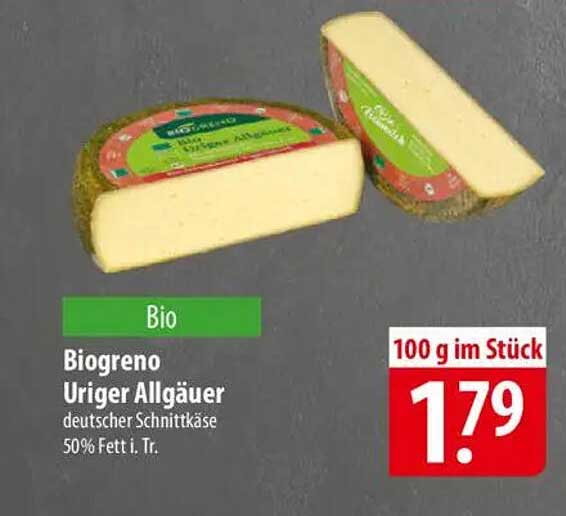 Biogreno Uriger Allgäuer deutscher Schnittkäse 50% Fett i. Tr.
