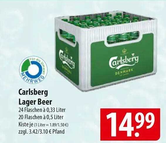 Carlsberg Lager Beer - 24 Flaschen à 0,33 Liter oder 20 Flaschen à 0,5 Liter