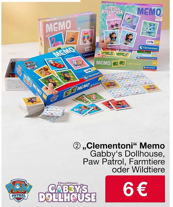„Clementoni“ Memo Gabby´s Dollhouse, Paw Patrol, Farmtiere oder Wildtiere