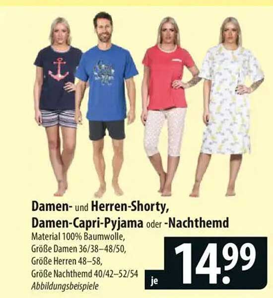 Damen- und Herren-Shorty, Damen-Capri-Pyjama oder Nachthemd