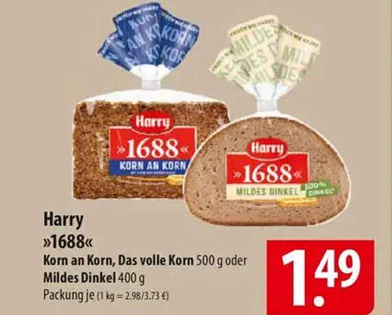 Harry »1688« Korn an Korn, Das volle Korn 500 g oder Mildes Dinkel 400 g