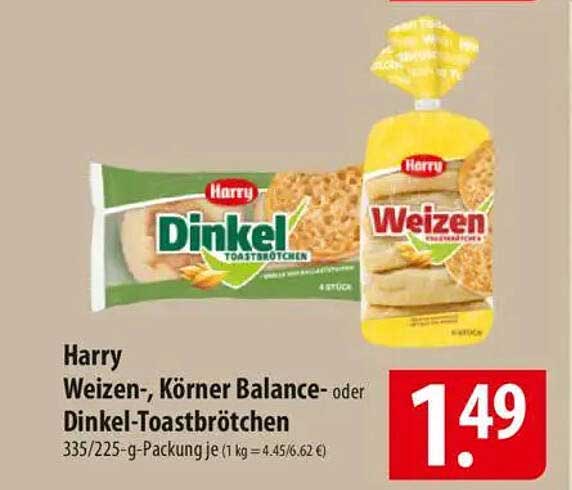 Harry Weizen-, Körner Balance- oder Dinkel-Toastbrötchen 335/225-g-Packung