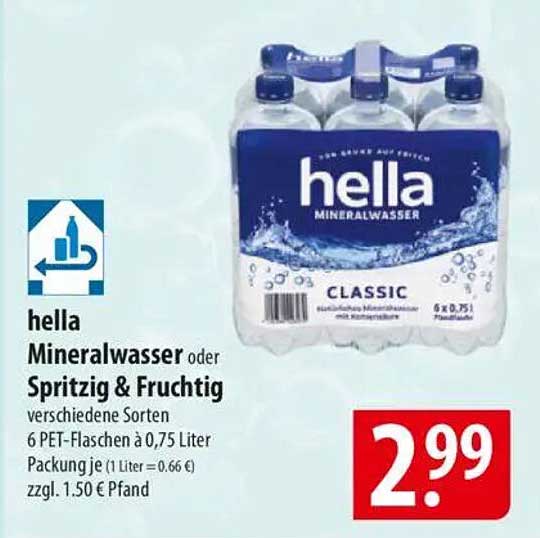 hella Mineralwasser oder Spritzig & Fruchtig, 6 x 0,75 Liter