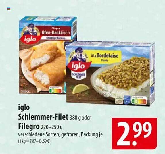 iglo Schlemmer-Filet 380 g oder Filegro 220–250 g
