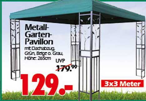 Metall-Garten-Pavillon mit Dachabzug, Grün, Beige oder Grau, Höhe: 265 cm