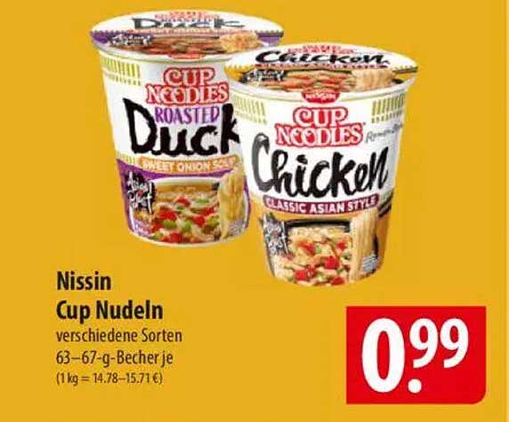 Nissin Cup Nudeln - Verschiedene Sorten für nur 0,99 € je Becher