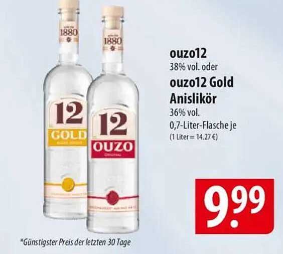 ouzo12 38% vol. oder ouzo12 Gold Anislikör 36% vol. 0,7-Liter-Flasche je