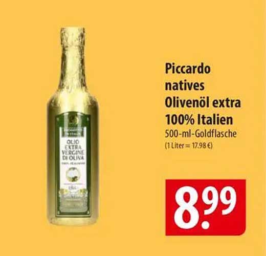 Piccardo natives Olivenöl extra 100% Italien 500-ml-Goldflasche
