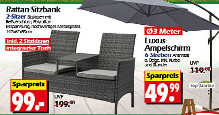 Rattan-Sitzbank 2-Sitzer mit Luxus-Ampelschirm
