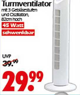Turmventilator mit 3 Gebläsestufen und Oszillation, 82cm hoch