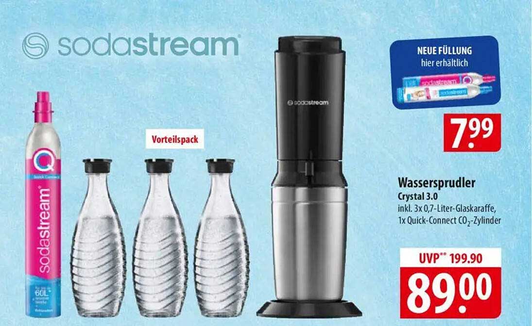 Wassersprudler Crystal 3.0 inkl. 3x 0,7-Liter-Glaskaraffe und 1x Quick-Connect CO₂-Zylinder