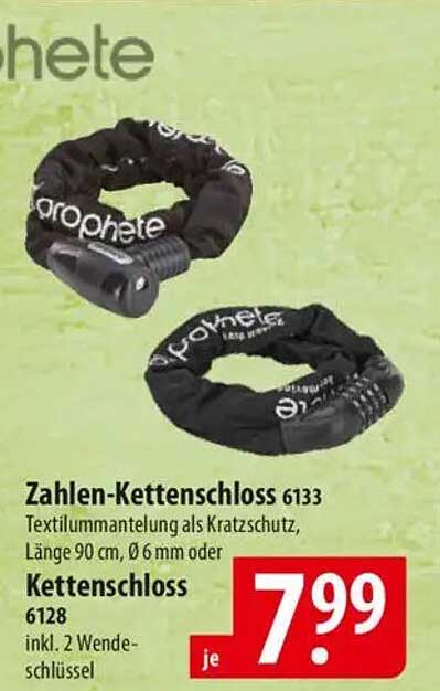 Zahlen-Kettenschloss 6133 - Textilmantelung als Kratztsschutz, Länge 90 cm, Ø 6 mm oder Kettenschloss 6128 inkl. 2 Wendeschlüssel