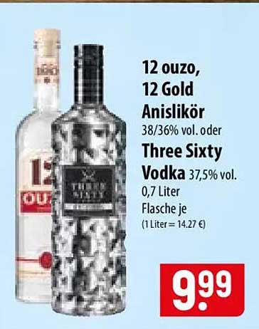 12 ouzo, 12 Gold Anislikör 38/36% vol. oder Three Sixty Vodka 37,5% vol. 0,7 Liter Flasche je