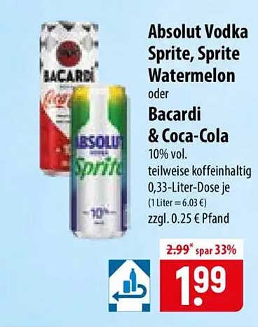 Absolut Vodka Sprite, Sprite Watermelon oder Bacardi & Coca-Cola