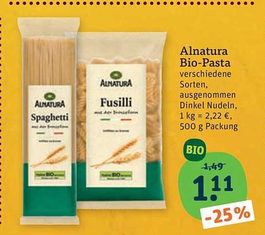 Alnatura Bio-Pasta verschiedene Sorten, ausgenommen Dinkel Nudeln, 1 kg = 2,22 €, 500 g Packung