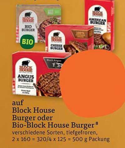auf Block House Burger oder Bio-Block House Burger⁸ verschiedene Sorten, tiefgefroren, 2 x 160 = 320/4 x 125 = 500 g Packung