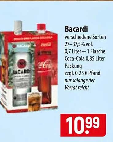 Bacardi verschiedene Sorten 27–37,5% vol. 0,7 Liter + 1 Flasche Coca-Cola 0,85 Liter Packung zzgl. 0.25 € Pfand nur solange der Vorrat reicht