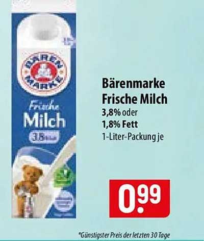 Bärenmarke Frische Milch 3,8% oder 1,8% Fett 1-Liter-Packung je