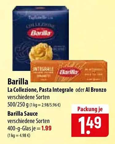 Barilla La Collezione, Pasta Integrale oder Al Bronzo verschiedene Sorten 500/250 g (1 kg = 2,98/5,96 €)