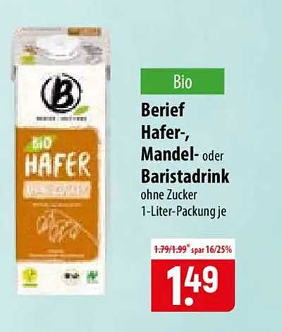 Bio Berief Hafer-, Mandel- oder Baristadrink ohne Zucker 1-Liter-Packung je