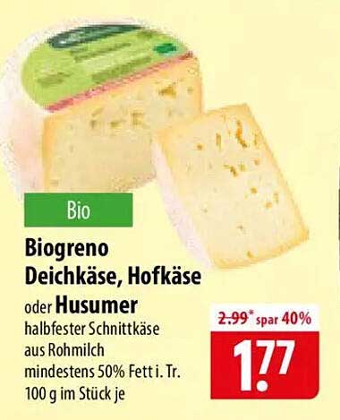 Biogreno Deichkäse, Hofkäse oder Husumer halbfester Schnittkäse aus Rohmilch mindestens 50% Fett i. Tr. 100 g im Stück je