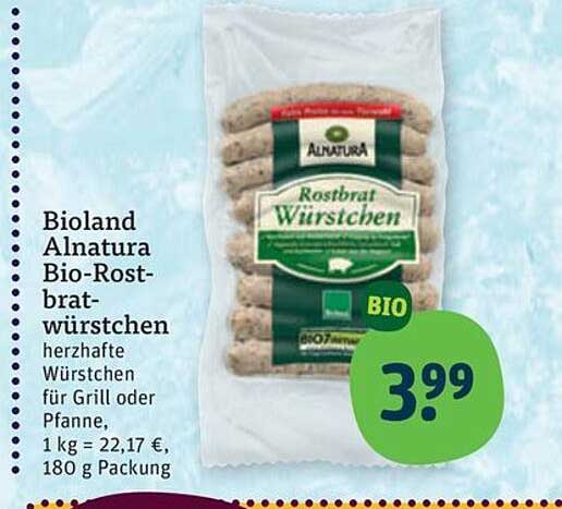 Bioland Alnatura Bio-Rostbratwürstchen herzhafte Würstchen für Grill oder Pfanne, 1 kg = 22,17 €, 180 g Packung