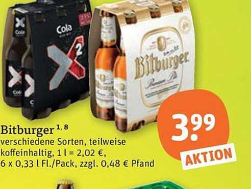 Bitburger 1.8 verschiedene Sorten, teilweise koffeinhaltig, 1 l = 2,02 €, 6 x 0,33 l Fl./Pack, zzgl. 0,48 € Pfand