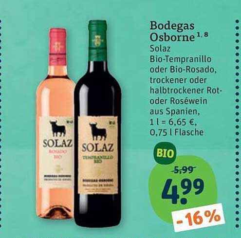 Bodegas Osborne Solaz Bio-Tempranillo oder Bio-Rosado, trockener oder halbtrockener Rot- oder Roséwein aus Spanien