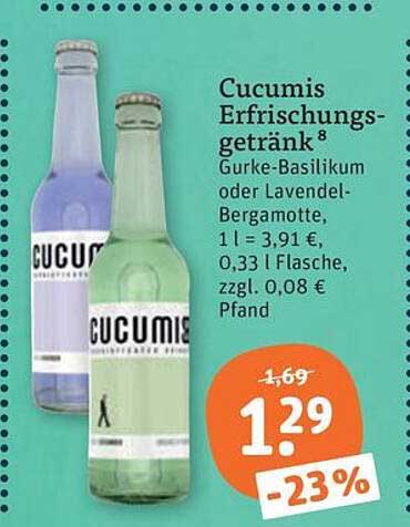 Cucumis Erfrischungs-getränk Gurke-Basilikum oder Lavendel-Bergamotte, 1 l = 3,91 €, 0,33 l Flasche, zzgl. 0,08 € Pfand