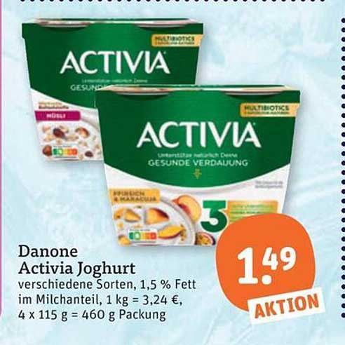 Danone Activia Joghurt verschiedene Sorten, 1,5 % Fett im Milchanteil, 1 kg = 3,24 €, 4 x 115 g = 460 g Packung