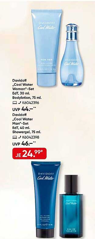 Davidoff „Cool Water Woman“-Set EdT, 30 ml, Bodylotion, 75 ml. Davidoff „Cool Water Man“-Set EdT, 40 ml, Showergel, 75 ml.