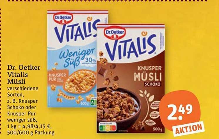 Dr. Oetker Vitalis Müsli verschiedene Sorten, z. B. Knusper Schoko oder Knusper Pur weniger süß
