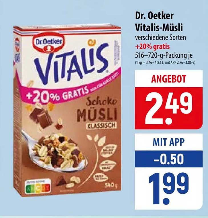 Dr. Oetker Vitals-Müsli verschiedene Sorten +20% gratis 516–720-g-Packung je