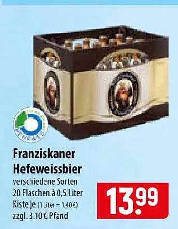 Franziskaner Hefeweissbier verschiedene Sorten 20 Flaschen à 0,5 Liter Kiste je (1 Liter = 1.40 €) zzgl. 3.10 € Pfand