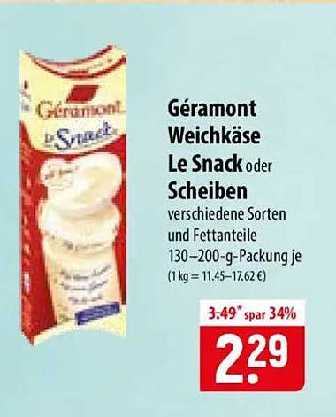 Géramont Weichkäse Le Snack oder Scheiben verschiedene Sorten und Fettanteile 130–200-g-Packung je (1 kg = 11.45–17.62 €)