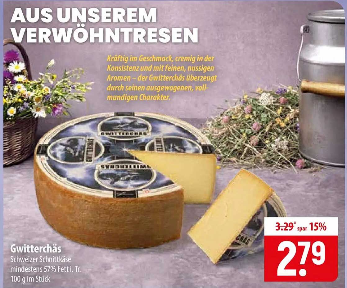 Gwitterchäs Schweizer Schnittkäse mindestens 57% Fett i. Tr. 100 g im Stück
