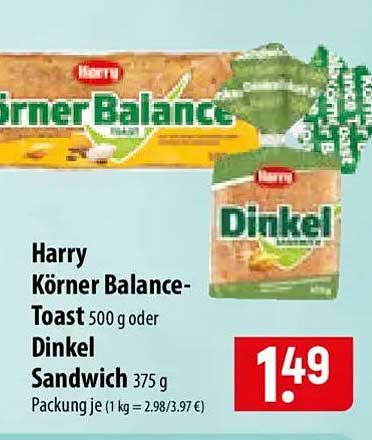 Harry Körner Balance-Toast 500 g oder Dinkel Sandwich 375 g