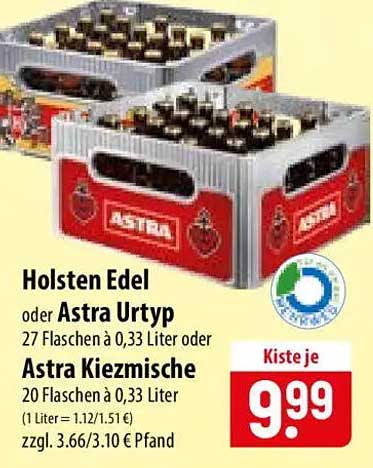 Holsten Edel oder Astra Urtyp 27 Flaschen à 0,33 Liter oder Astra Kiezmische 20 Flaschen à 0,33 Liter
