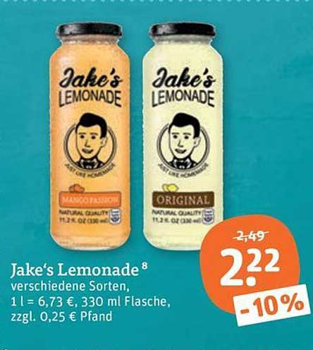 Jake's Lemonade verschiedene Sorten, 1 l = 6,73 €, 330 ml Flasche, zzgl. 0,25 € Pfand