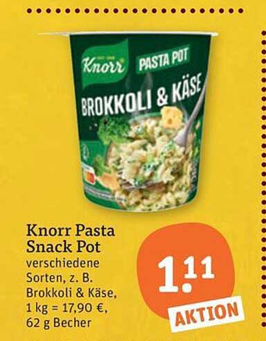 Knorr Pasta Snack Pot verschiedene Sorten, z. B. Brokkoli & Käse, 1 kg = 17,90 €, 62 g Becher