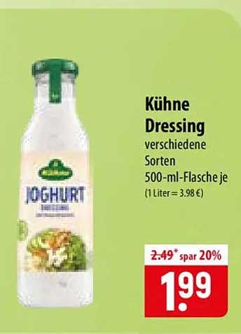 Kühne Dressing verschiedene Sorten 500-ml-Flasche je (1 Liter = 3,98 €)