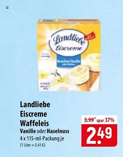 Landliebe Eiscreme Waffeleis Vanille oder Haselnuss 4 x 115-ml-Packung je (1 Liter = 5,41 €)