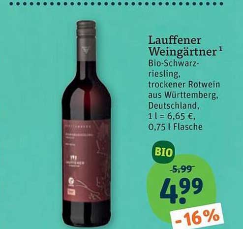 Lauffener Weingärtner Bio-Schwarzriesling, trockener Rotwein aus Württemberg, Deutschland, 0,75 l Flasche