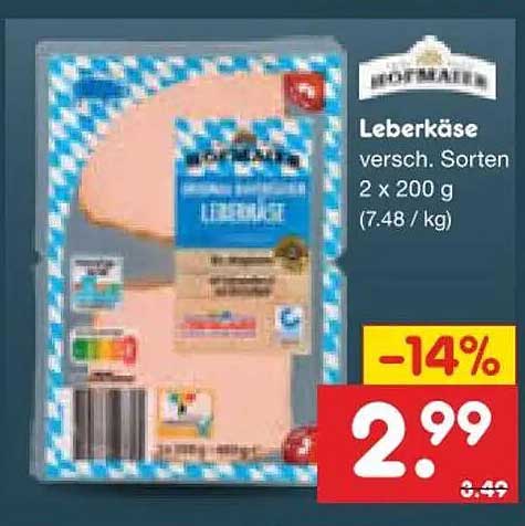 Leberkäse versch. Sorten 2 x 200 g (7.48 / kg)