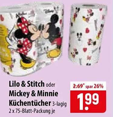 Lilo & Stitch oder Mickey & Minnie Küchentücher 3-lagig 2 x 75-Blatt-Packung je
