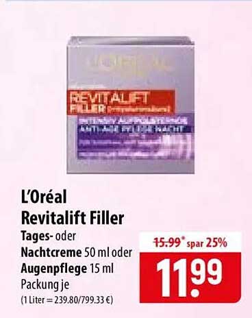 L’Oréal Revitalift Filler Tages- oder Nachtcreme 50 ml oder Augenpflege 15 ml Packung je