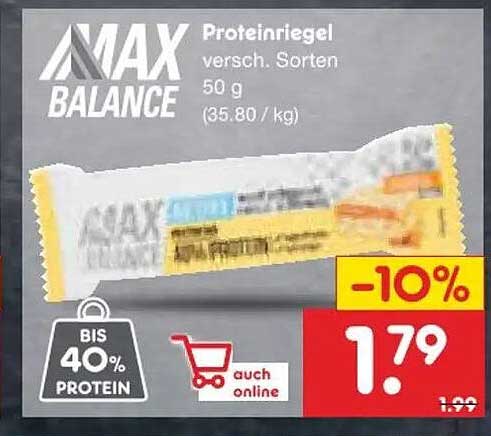 MAX BALANCE Proteinriegel versch. Sorten 50 g (35,80 / kg)